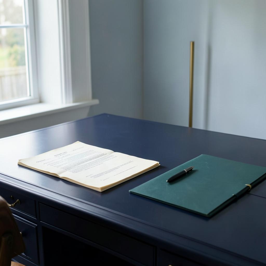 Legal documents and a teal folder arranged on a navy writing desk